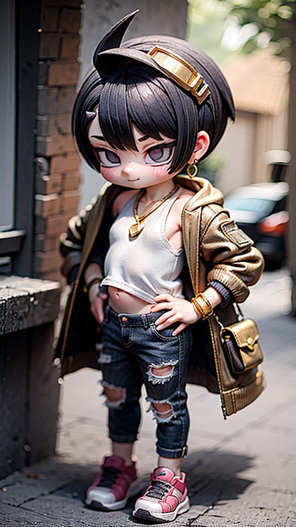 A unique character of a 3-year-old boy with the following features: obese body, short legs, protruding belly, wearing sunglasses, earrings, a tank top, a hooded jacket pushed down to his shoulders, a mohawk hairstyle, baggy jeans, a gold necklace, and a gold bracelet. He looks like a baby gangster.