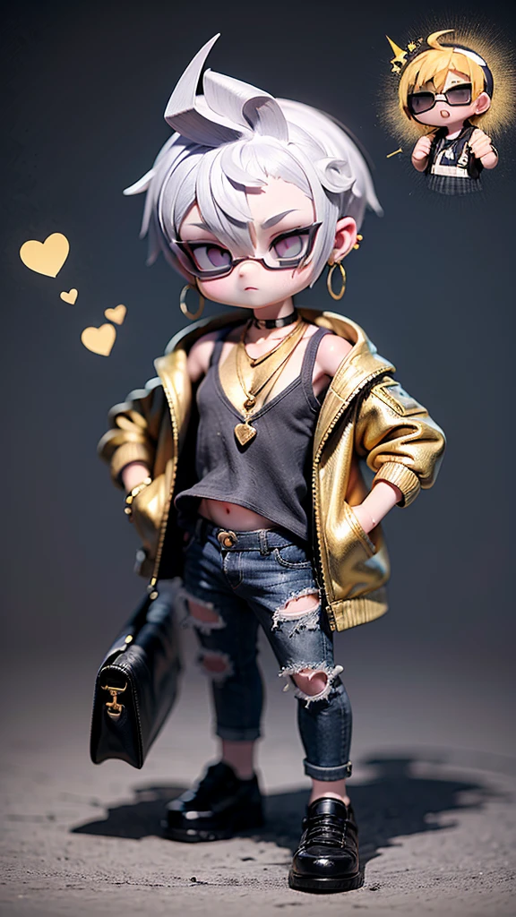 A unique character of a 3-year-old boy with the following features: obese body, short legs, protruding belly, wearing sunglasses, earrings, a tank top, a hooded jacket pushed down to his shoulders, a mohawk hairstyle, baggy jeans, a gold necklace, and a gold bracelet. He looks like a baby gangster.