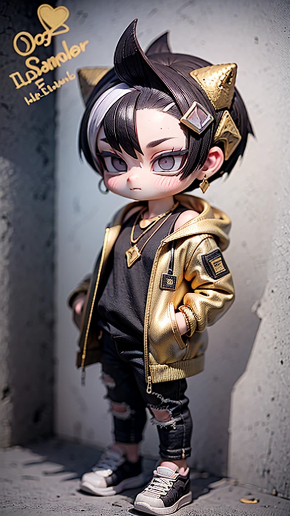 A unique character of a 3--old  with the following features: obese body, short legs, protruding belly, wearing sunglasses, earrings, a tank top, a hooded jacket pushed down to his shoulders, a mohawk hairstyle, baggy jeans, a gold necklace, and a gold bracelet. He looks like a baby gaer.