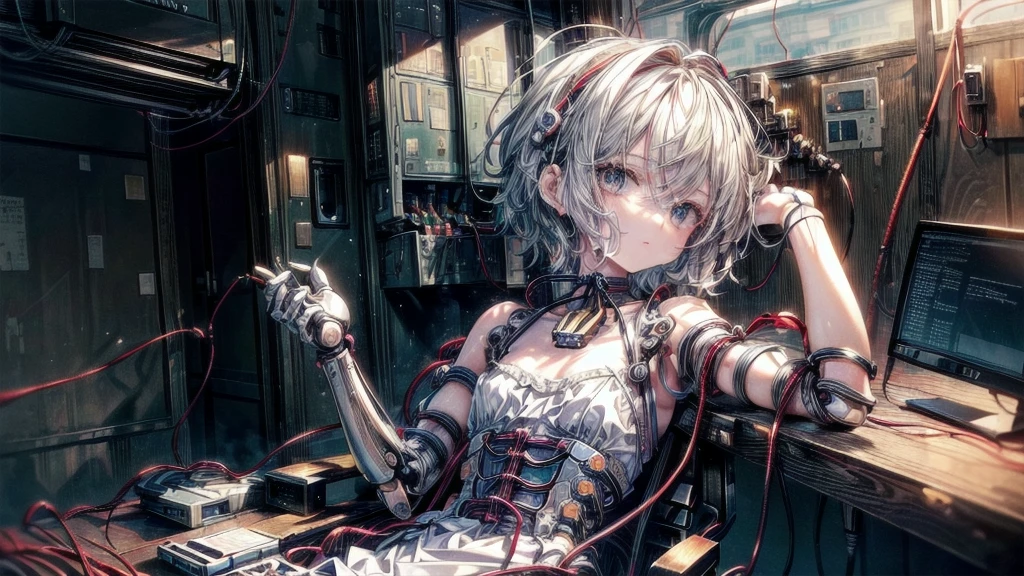 (((masterpiece))), (((Highest quality))), ((Very detailed)), (Highly detailed CG illustrations), ((Very delicate and beautiful)),(Cute and delicate face),Light,((1. Machine Girl)),alone,whole body,(Machine made joints:1.4),((Mechanical Limbs)),(Muscle swelling),(The container is connected to a tube),(Brain in a container:1.3),((Mechanical vertebrae attached to the back)),((Mechanical cervical spine attached to the neck)),((Sitting)),poker face,(Wires and cables attached to head and body:1.5),Small breasts,short hair,(Character Focus),SF,Lying down,Dark shortcuts,Centering shortcuts,A devastated society,alone,