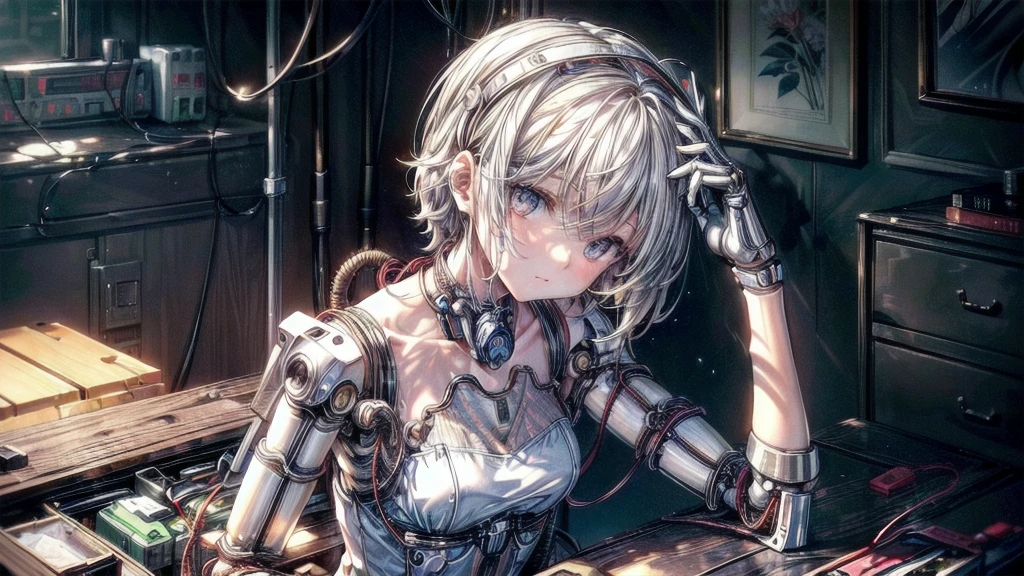 (((masterpiece))), (((Highest quality))), ((Very detailed)), (Highly detailed CG illustrations), ((Very delicate and beautiful)),(Cute and delicate face),Light,((1. Machine Girl)),alone,whole body,(Machine made joints:1.4),((Mechanical Limbs)),(Muscle swelling),(The container is connected to a tube),(Brain in a container:1.3),((Mechanical vertebrae attached to the back)),((Mechanical cervical vertebrae attached to the neck)),((Sitting)),poker face,(Wires and cables attached to head and body:1.5),Small breasts,short hair,(Character Focus),SF,Lying down,Shortcuts,センター分けのShortcuts,A devastated society,alone,Black-haired