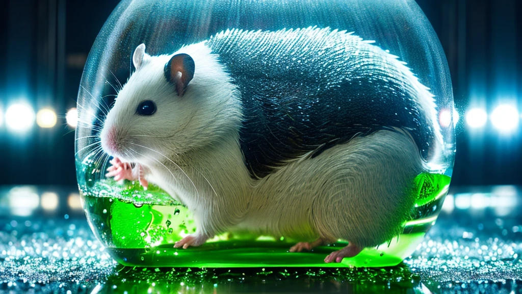 Create a digital artwork featuring a dew-covered hamster with a highly detailed, reflective water droplet that contains an entire world within it, showcasing the concept of macro photography and surrealism.