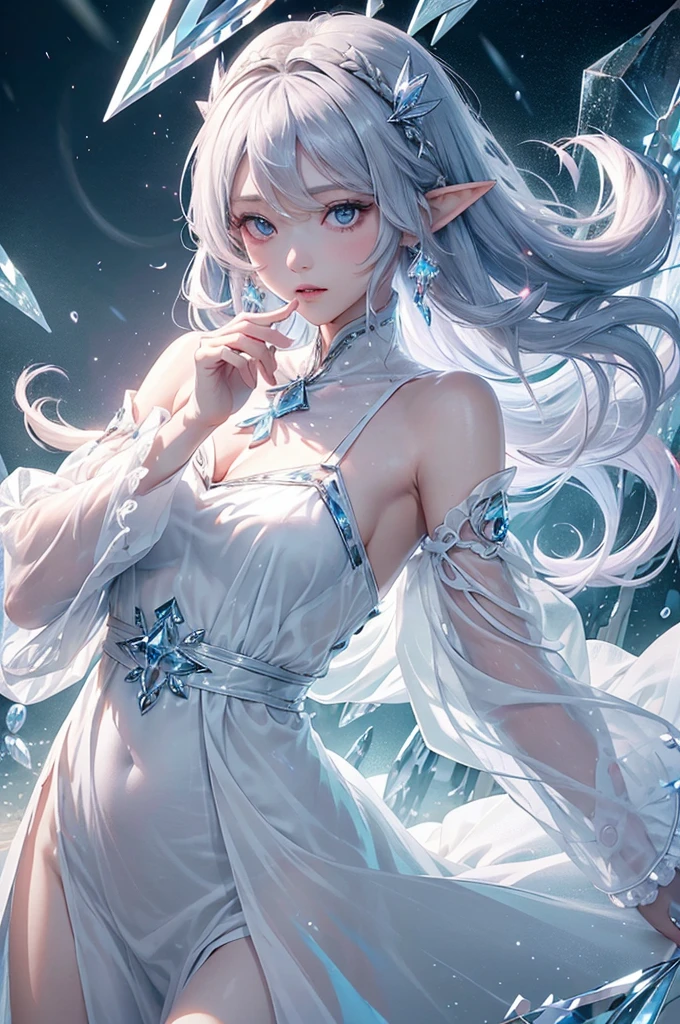 (masterpiece、Highest品質、Highest、Official Art、Beautiful and aesthetic、Long Exposure:1.2)、Smooth movement、Attractive patterns、One Girl、(Long dress with sleeves:1.3)、(((White clothes)))、Upper body close-up、Exposing shoulders、Korean Girls、blush、Pink twin tail hair、Portraiture、solo、Upper body、Looking at the observer、Detailed Background、Detailed face、(Crystallized AI、Crystal Theme:1.1)、Elemental Wind Elf、回転Wind、 Wind、White crystal clothes、Dynamic pose、Suspended particles、Aether Dynamics、旋Wind、vapor、背景に旋Wind、White Tone、旋Wind、Ethereal atmosphere、