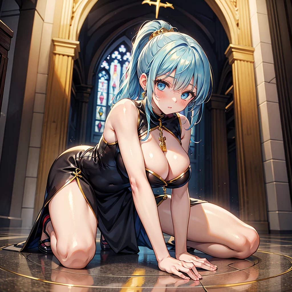 Anime Moe Art Style,Highest quality,High resolution,Anatomically correct,One Girl,Mid-s,A girl with light blue hair in a ponytail,Super detailed,Fantasy World,Sister,Monastic Clothes,Big Breasts,Shiny skin,Beautiful Skin,A rich expression,church,confessional,Kneeling and Praying,Eyes drawn in detail,Gold Rosary,8K