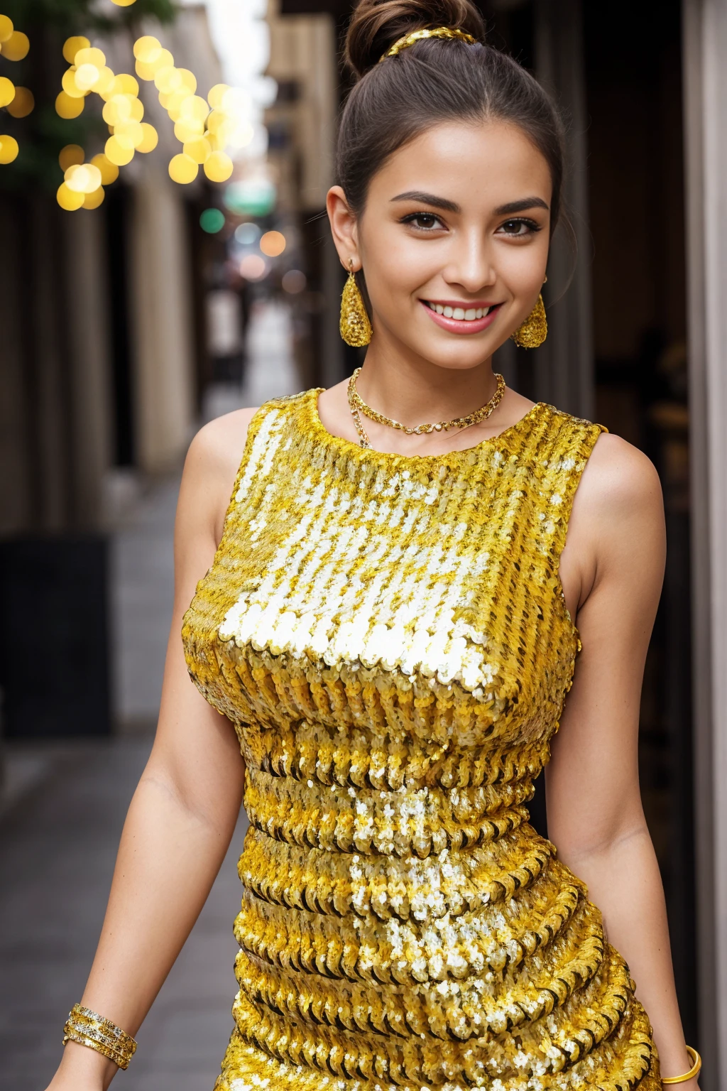 Half-length glamour portrait, nikon D850, f1.6 lens, 200mm, DSLR, 22 Megapixels, (((Neighborhood café scene))), shot of a stunning 20 years old portuguese girl, (smile:1.4), (wearing Mustard yellow sequin sheath dress:1.6), ((seductive pose)), hot girl, (((big natural breasts))), (((brown ponytail hair))), ( girl), symmetrical face, photorealistic, photography, (bright natural lighting), gorgeous, deep cleavage, (masterpiece), best quality, high resolution, extremely detailed, cinematic lighting, (((very narrow waist))), rich colors, hyper realistic, lifelike texture, ((jewelry)), (((She has beautiful hands and wears rings))), (bracelet), (necklace), (ankle chain), (nail polish) (earrings), Fuji Superia 200, 8k