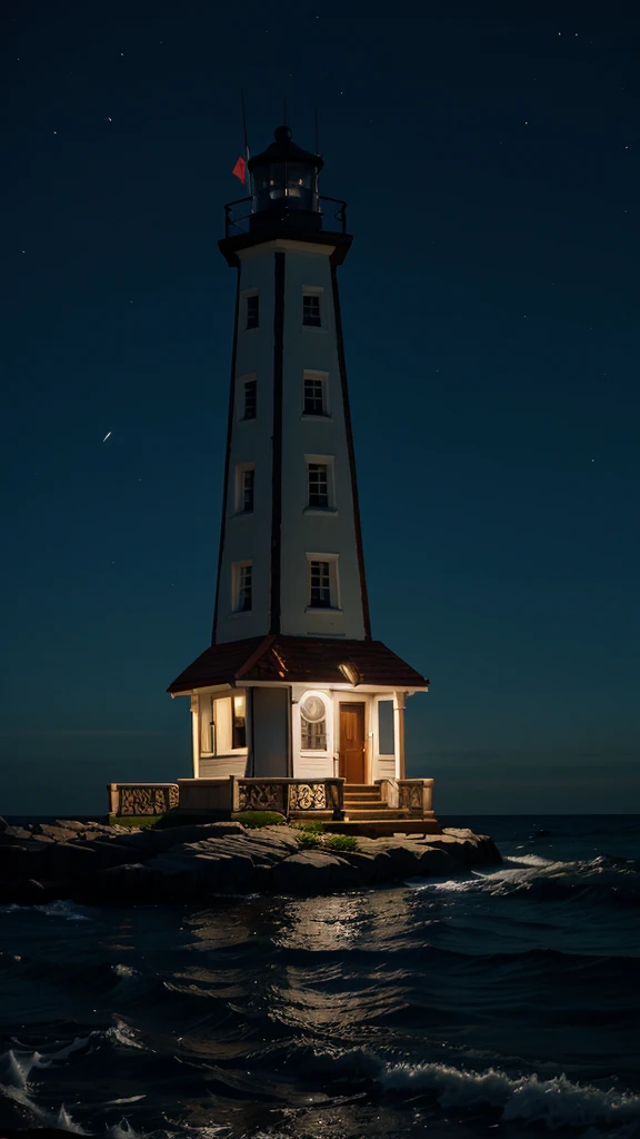 a small light house at night ,