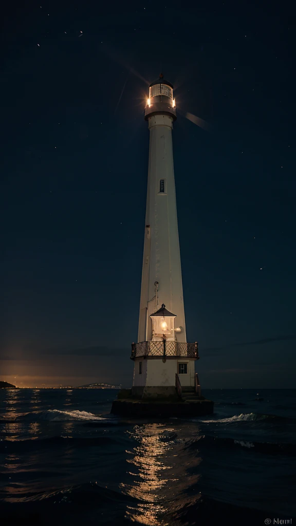 a small light house at night ,