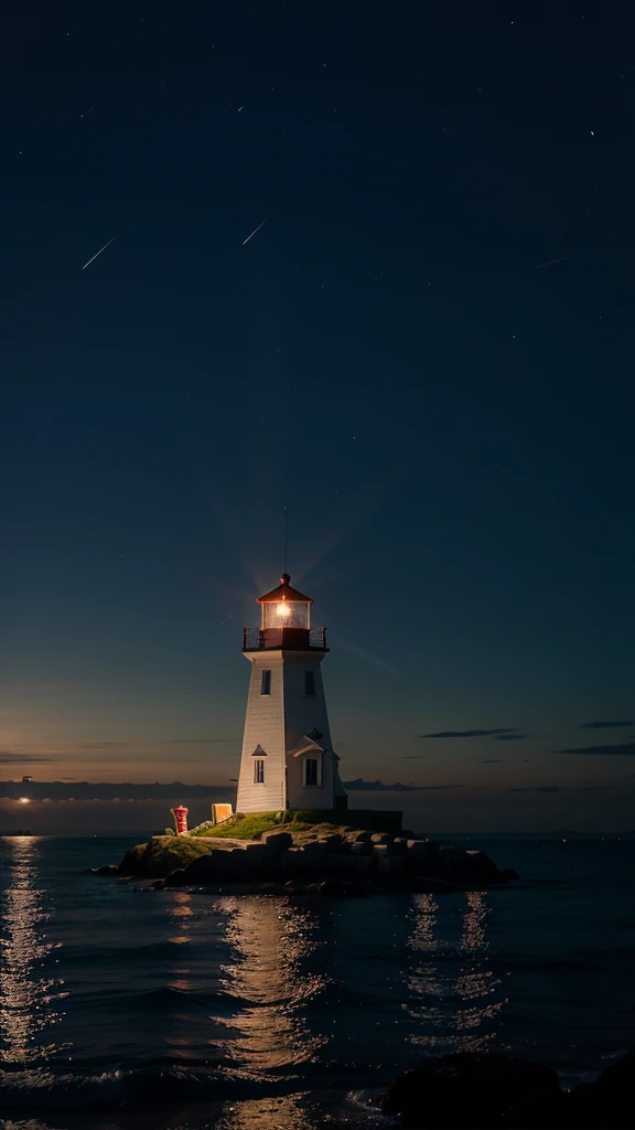 a small light house at night ,