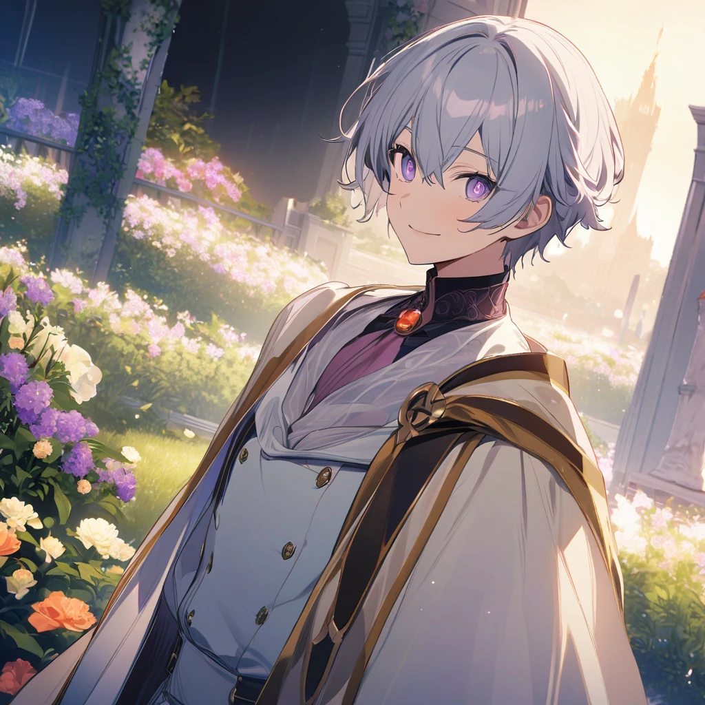 Aether \(AKB0048 Next Stage\), (short hair), (light gray hair), (bright eyes), (purple eyes):1.2, noble costume, smiling gently, cape, ((ultra-detailed)), ((illustration)), (neat hair)), (beautiful detailed eyes), (male), 1boy, ((garden, night)), looking at viewer