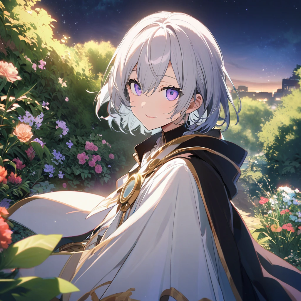 Aether \(AKB0048 Next Stage\), (short hair), (light gray hair), (bright eyes), (purple eyes):1.2, noble costume, smiling gently, cape, ((ultra-detailed)), ((illustration)), (neat hair)), (beautiful detailed eyes), (male), 1boy, ((garden, night)), looking at viewer