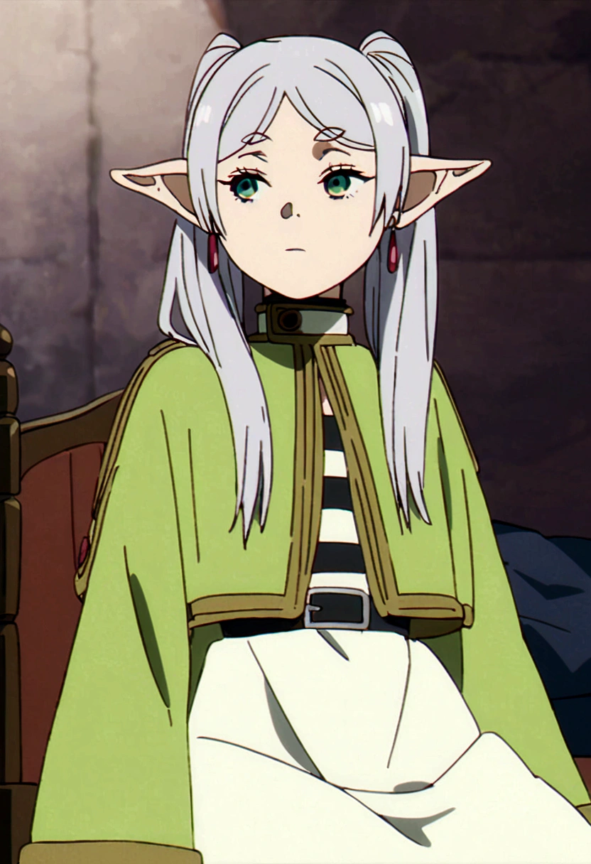 A highly detailed and expressive illustration of Frieren from the anime 'Frieren: Beyond Journey's End', sitting in a relaxed pose with her hands hidden behind her back, looking directly at the camera with a calm and contemplative expression, Frieren has long flowing silver hair styled in her usual twin ponytails each tied with a simple ribbon, her elf ears are long and pointed adorned with her signature red earrings that dangle elegantly, she has large expressive green eyes with a subtle shine framed by long lashes, her outfit is her traditional attire consisting of a long white robe with gold trim and detailed embroidery along the edges, underneath she wears a green tunic with a diamond-shaped pattern on the neckline paired with dark trousers, her clothing appears slightly worn indicating her long journey but still well-kept, the background is a solid contrasting color such as deep blue or black to facilitate easy recutting, with soft natural lighting highlighting her serene expression and the intricate details of her clothing and hair, the overall ambiance should reflect a sense of calmness and introspection capturing the essence of Frieren's character
