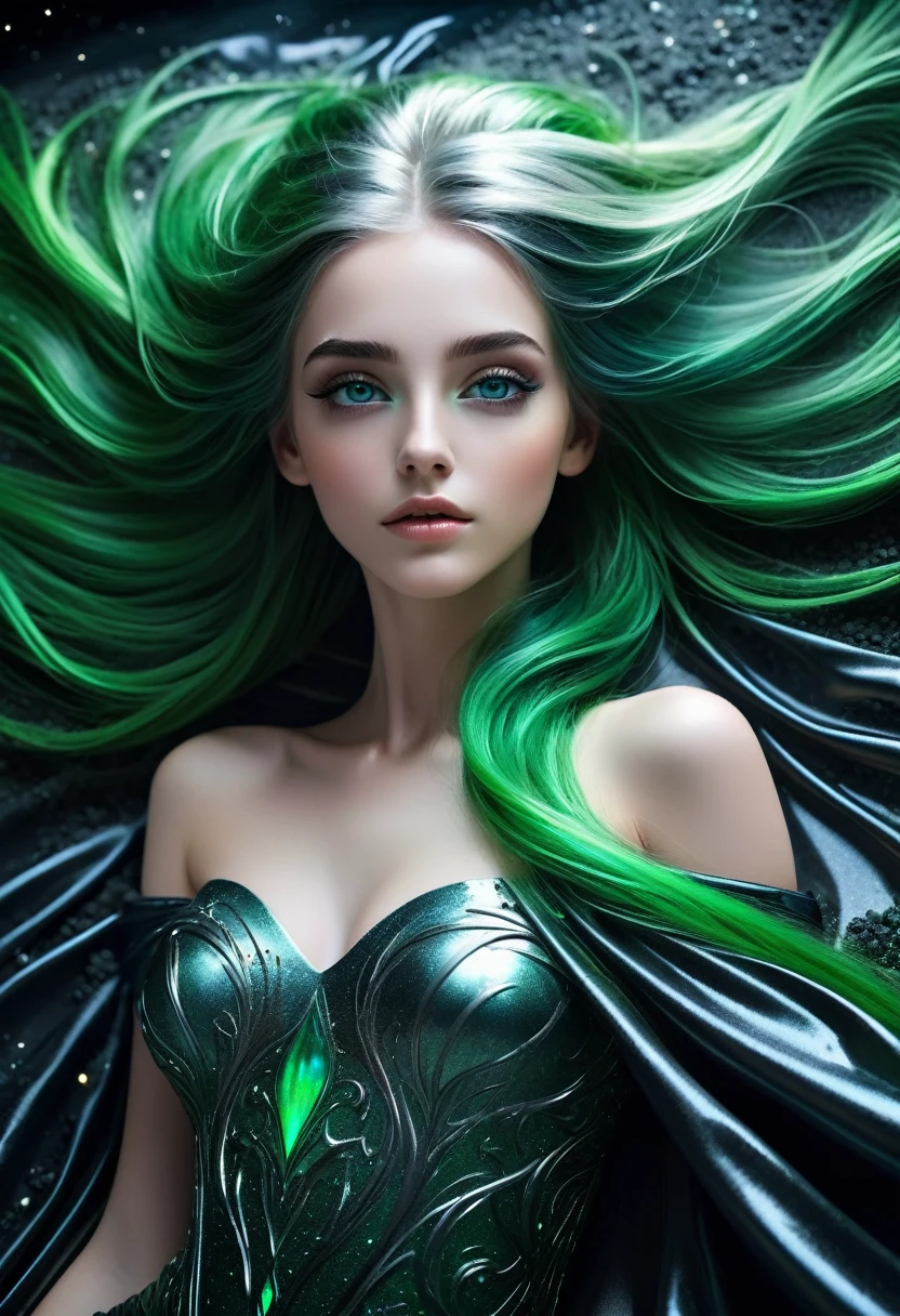 a girl with long-green hair and blue eyes is lying back in solid-black-liquid bed of a dark background, covered by transparent white-veil, perfect face, perfect body exposed, full body, perfect legs, green flowing hair, girl with cosmic hair, 8k high quality detailed photoart, fantasy art style, detailed digital art, photographic fantasy artwork, epic fantasy art style hd