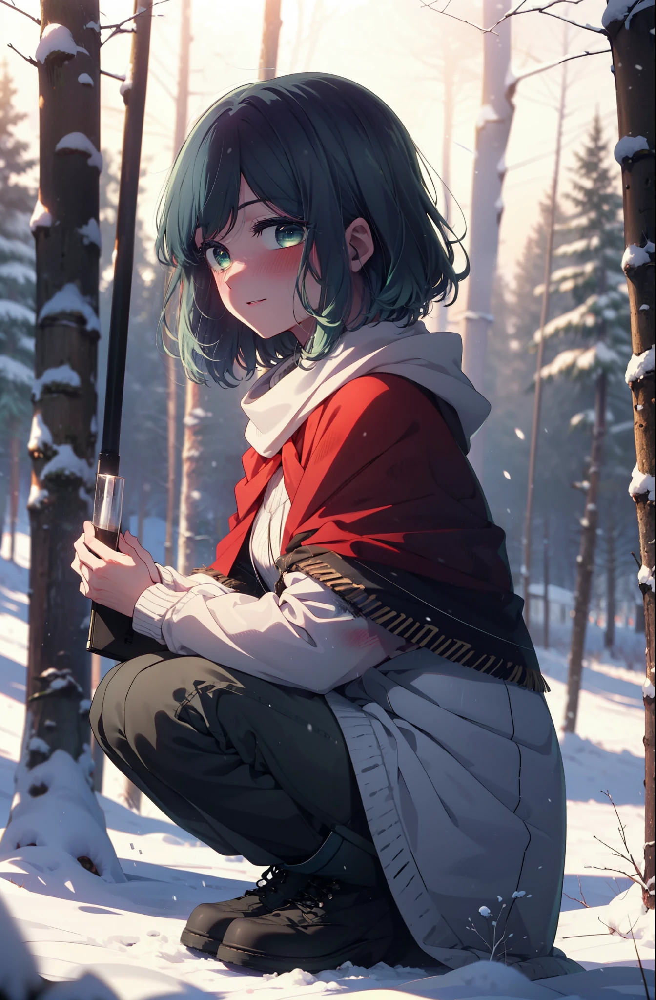 akanekurokawa, akane kurokawa, bangs, (Green Eyes:1.3), Blue Hair, Medium Hair, dark Blue Hair,smile,blush,White Breath,
Open your mouth,snow,Ground bonfire, Outdoor, boots, snowing, From the side, wood, suitcase, Cape, Blurred, , forest, White handbag, nature, Squat, Mouth closed, Cape, winter, Written boundary depth, Black shoes, red Cape break looking at viewer, Upper Body, whole body, break Outdoor, forest, nature, break (masterpiece:1.2), Highest quality, High resolution, unity 8k wallpaper, (shape:0.8), (Beautiful and beautiful eyes:1.6), Highly detailed face, Perfect lighting, Highly detailed CG, (Perfect hands, Perfect Anatomy),