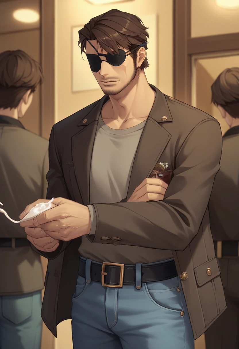 score_9, score_8_superior, score_7_superior, sauce_Anime BREAK Jero Ansen, Mature Men, Brown Hair, black eye, Facial hair, Brown jacket, belt, Light blue jeans, indoor, Are standing, Casual wear, A metal eyepatch covers one eye