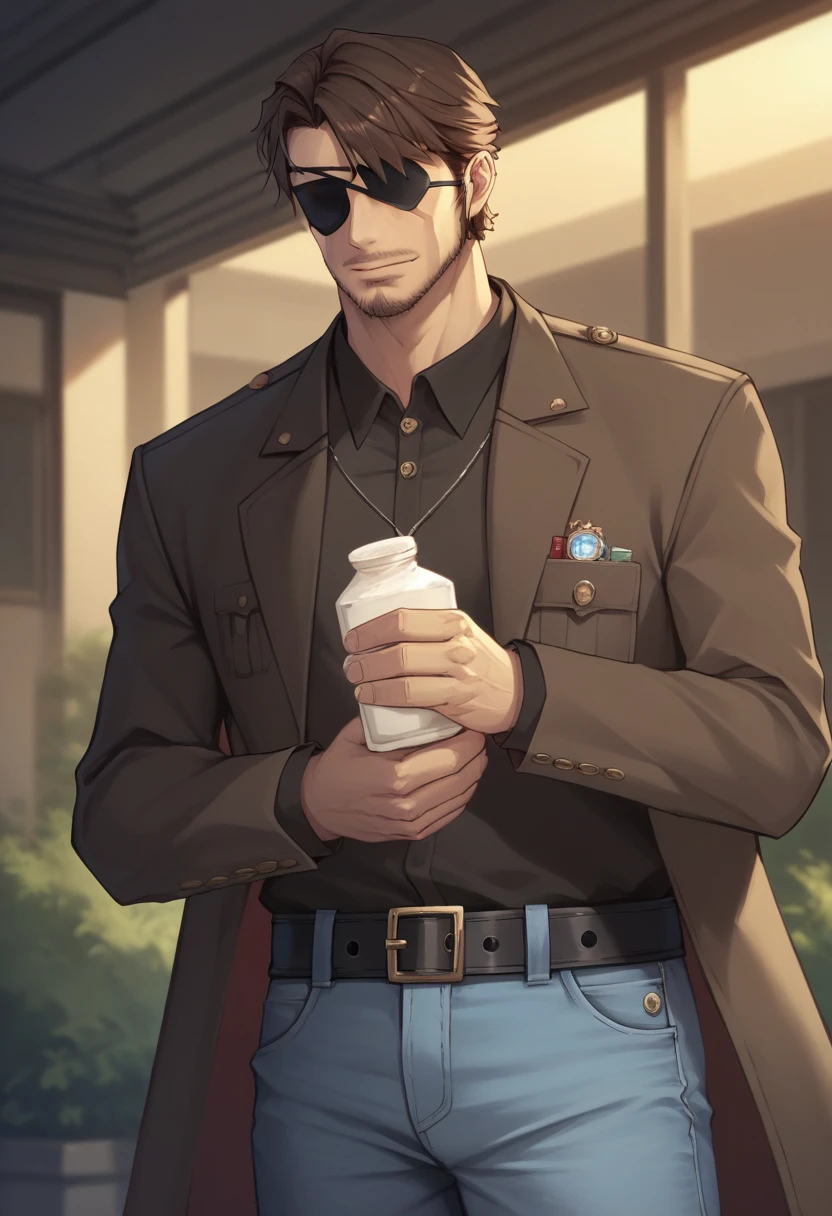 score_9, score_8_superior, score_7_superior, sauce_Anime BREAK Jero Ansen, Mature Men, Brown Hair, black eye, Facial hair, Brown jacket, belt, Light blue jeans, indoor, Are standing, Casual wear, A metal eyepatch covers one eye