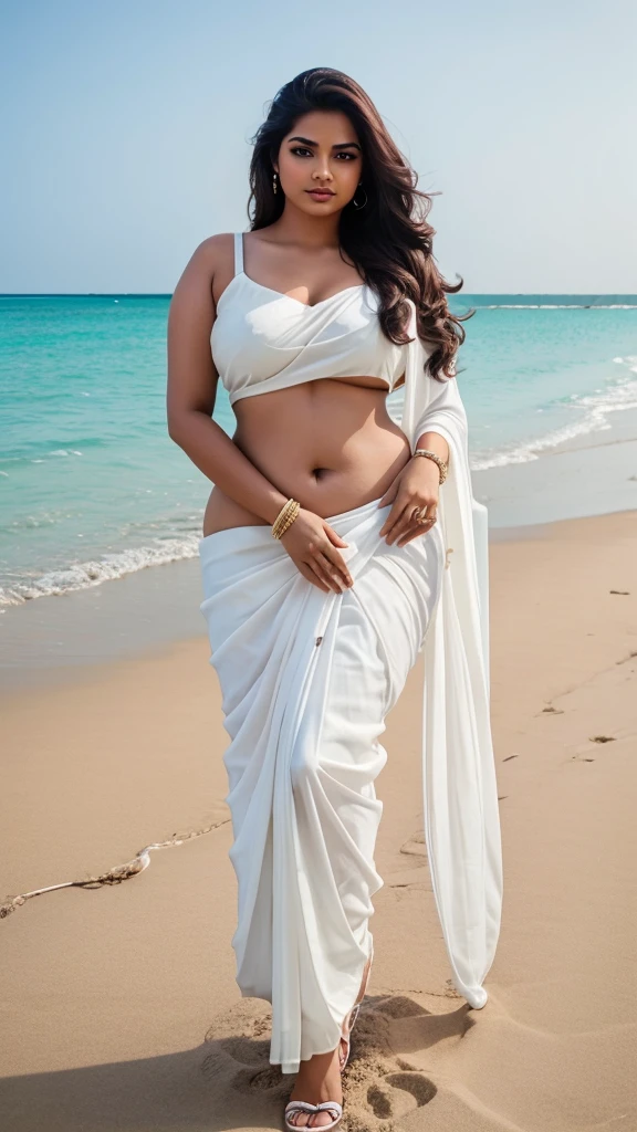 Indian model lookbook curvy Plus size wearing white saree beach background 8k, 