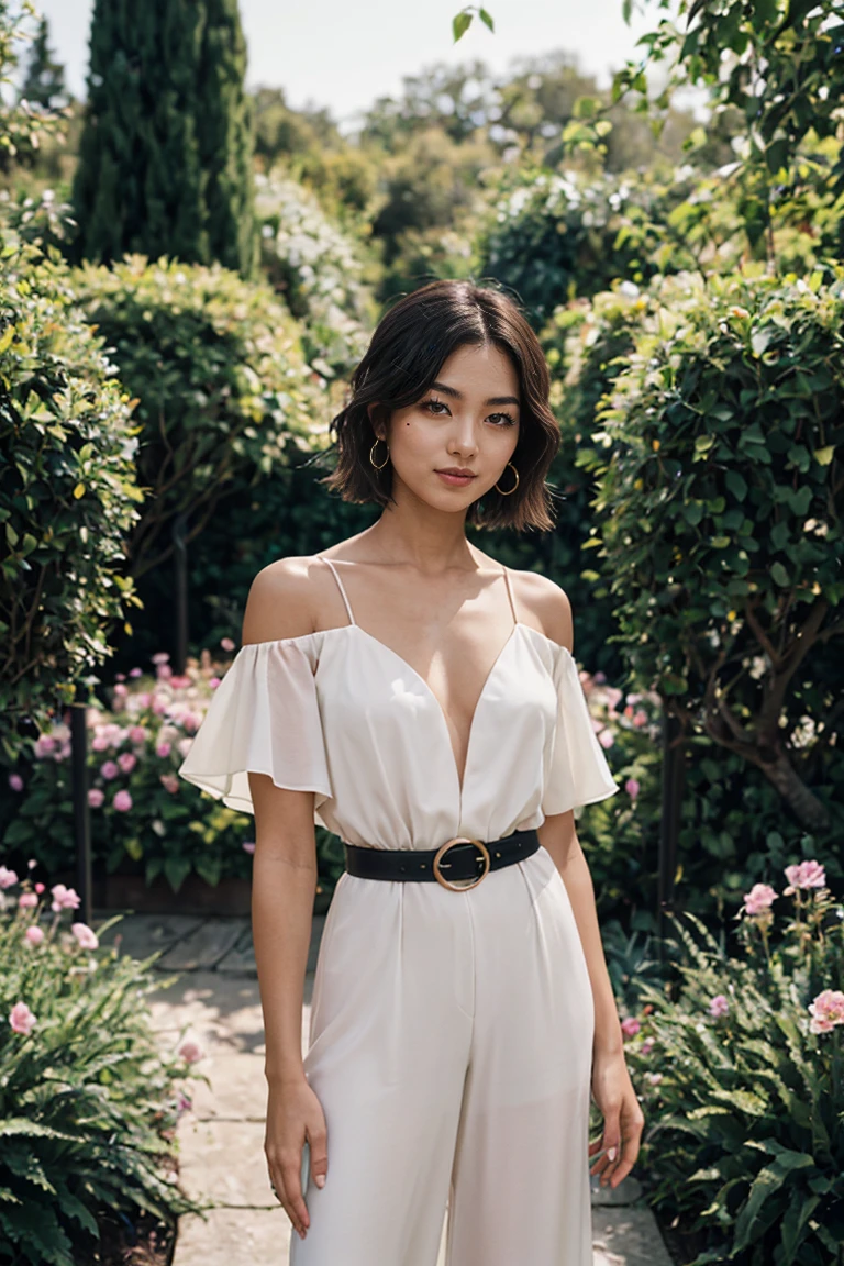 shot by Sony a7 IV Mirrorless Camera, natural light, analog film photo, Kodachrome ,A young woman with short, neatly styled hair stands amidst a lush black flower garden, her elegant attire contrasting with the dark petals that surround her. She exudes an aura of grace and sophistication, her poise and composure evident in her posture and the gentle smile that graces her lips.