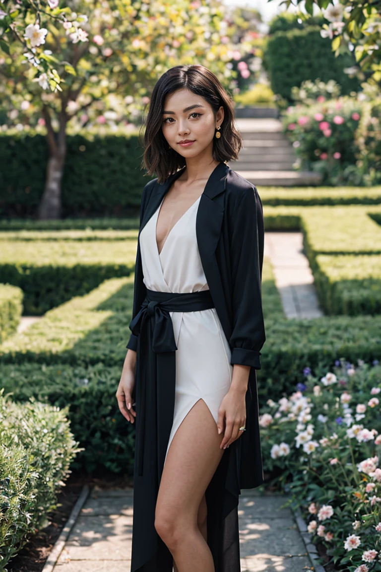 shot by Sony a7 IV Mirrorless Camera, natural light, analog film photo, Kodachrome ,A young woman with short, neatly styled hair stands amidst a lush black flower garden, her elegant attire contrasting with the dark petals that surround her. She exudes an aura of grace and sophistication, her poise and composure evident in her posture and the gentle smile that graces her lips.
