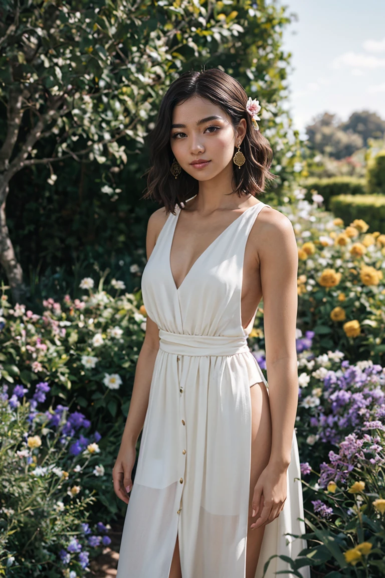 shot by Sony a7 IV Mirrorless Camera, natural light, analog film photo, Kodachrome ,A young woman with short, neatly styled hair stands amidst a lush black flower garden, her elegant attire contrasting with the dark petals that surround her. She exudes an aura of grace and sophistication, her poise and composure evident in her posture and the gentle smile that graces her lips.