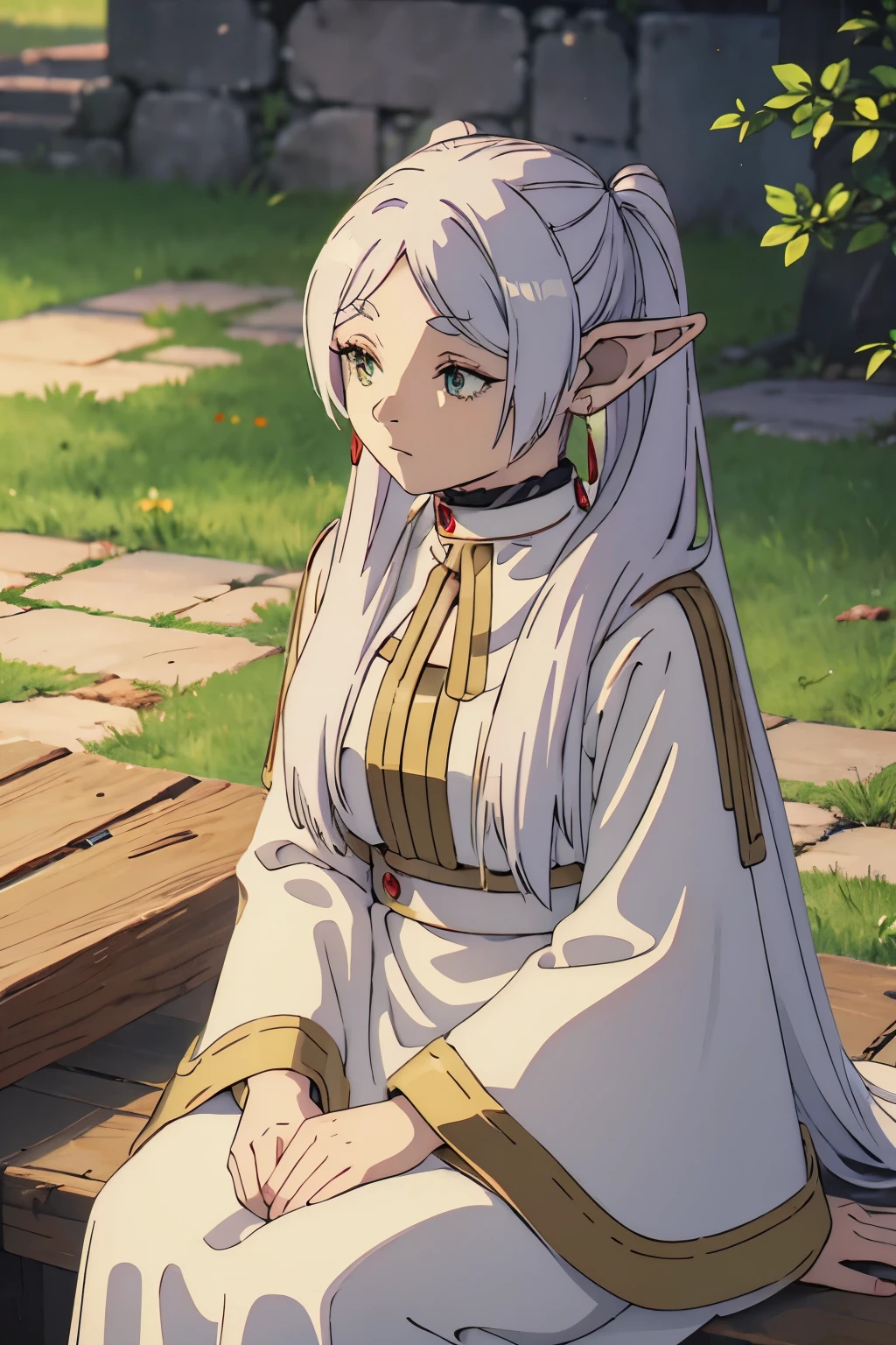 A highly detailed and expressive illustration of Frieren from the anime 'Frieren: Beyond Journey's End', sitting in a relaxed pose with her hands hidden behind her back, looking directly at the camera with a calm and contemplative expression, Frieren has long flowing silver hair styled in her usual twin ponytails each tied with a simple ribbon, her elf ears are long and pointed adorned with her signature red earrings that dangle elegantly, she has large expressive green eyes with a subtle shine framed by long lashes, her outfit is her traditional attire consisting of a long white robe with gold trim and detailed embroidery along the edges, underneath she wears a green tunic with a diamond-shaped pattern on the neckline paired with dark trousers, her clothing appears slightly worn indicating her long journey but still well-kept, the background is a solid contrasting color such as deep blue or black to facilitate easy recutting, with soft natural lighting highlighting her serene expression and the intricate details of her clothing and hair, the overall ambiance should reflect a sense of calmness and introspection capturing the essence of Frieren's character