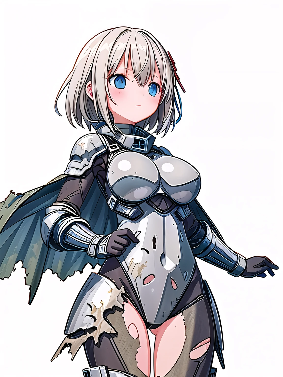 girl, solo, breasts, (ruined village horror background:1.5), (armored bodysuit futuristic), (torn destroyed ragged:1.2), (white background)