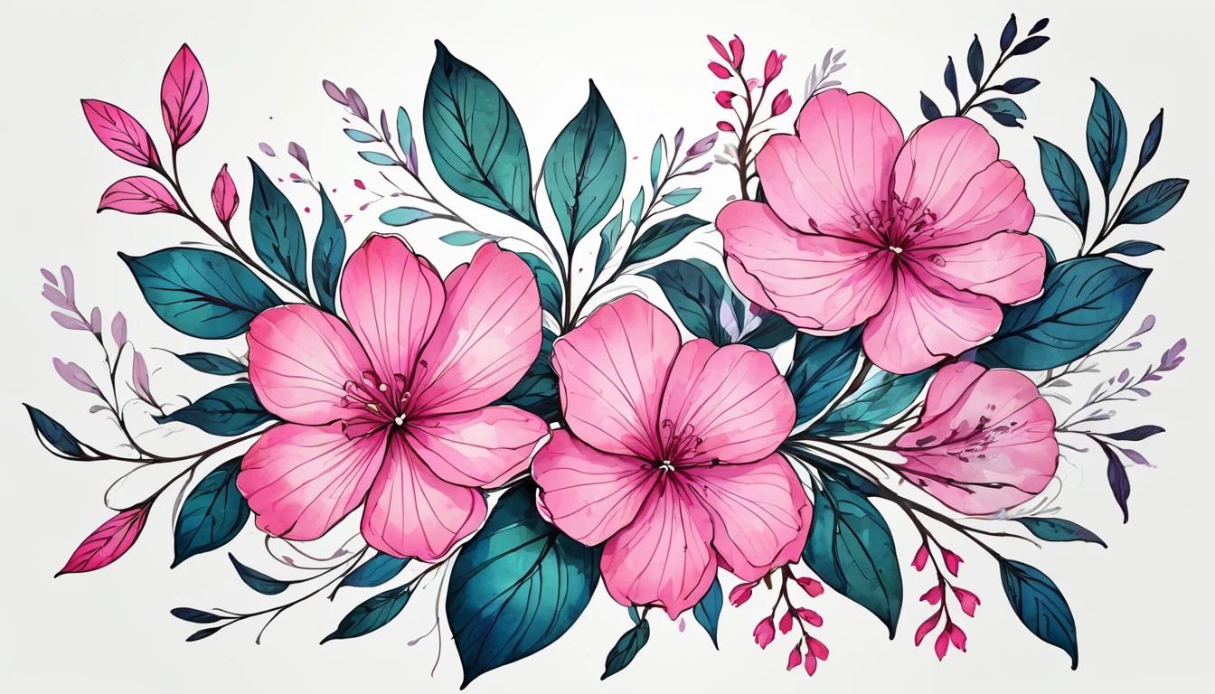 Linear drawing with pink flowers and leaves in watercolor style,  On a white background!!
This is all right!!!. With good quality!. A little small to fit in the margins!!!.