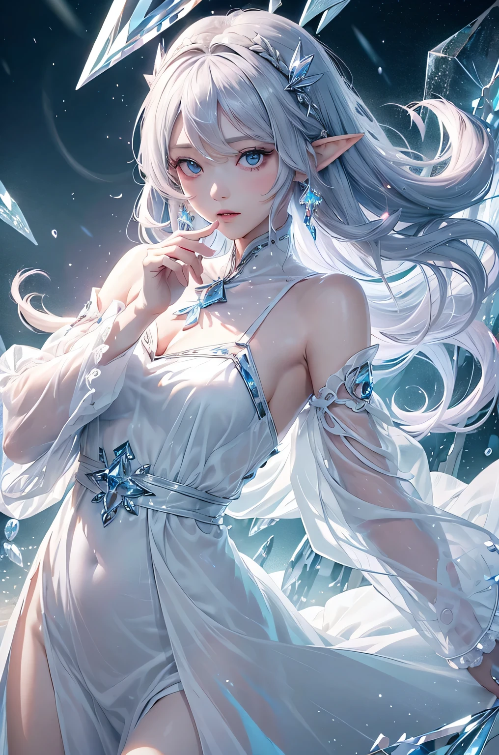 (masterpiece、Highest quality、Highest、Official Art、Beautiful and aesthetic、Long Exposure:1.2)、Smooth movement、Attractive patterns、One Girl、(Long dress with sleeves:1.3)、(((White clothes)))、Upper body close-up、Exposing shoulders、Korean Girls、blush、Pink twin tail hair、Portraiture、solo、Upper body、Looking at the observer、Detailed Background、Detailed face、(Crystallized AI、Crystal Theme:1.1)、Elemental Wind Elf、Rotating Wind、 Wind、White crystal clothes、Dynamic pose、Suspended particles、Aether Dynamics、Wind、vapor、背景にWind、White Tone、Wind、Ethereal atmosphere、