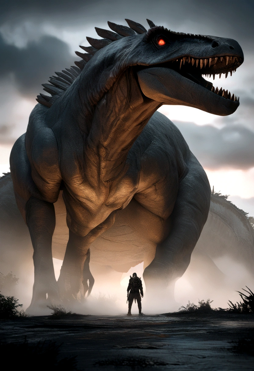 A giant dinosaur walking across a distant plain, fog, fog, Dark Clouds, Dirty ,Suspense, Supernatural, Octane Rendering, Unreal Engine, Realistic, Hyperrealism, Very detailed, high quality, Detailed in nature,Volumetric lighting, Complete Character, 4K, ,hard disk ,Full HD, 8k, RTTX 10.0, High resolution, Fine shadows, Incredibly detailed, perfection, Dramatic Scale