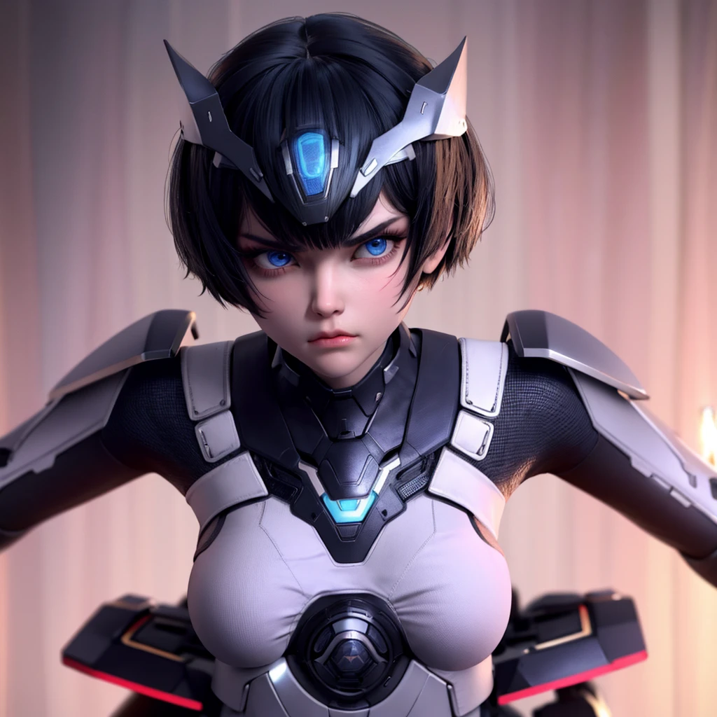 1girl, short black hair, blue eyes, robot body, angry face, mask, close up, 8K, Hi-Res