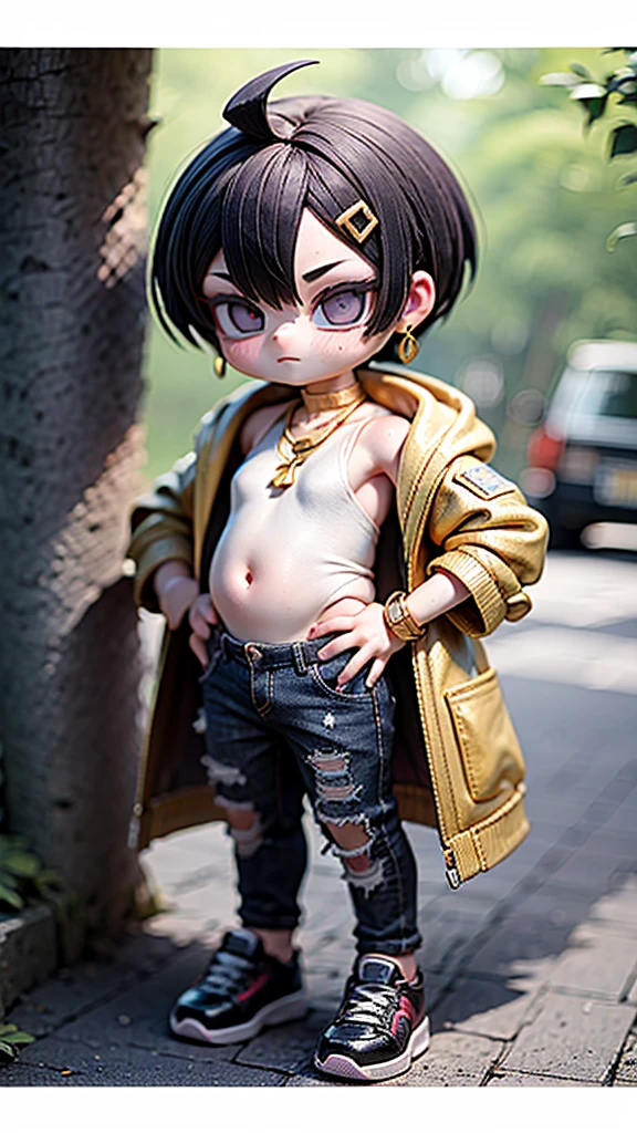 A unique character of a 3--old  with the following features: obese body, short legs, protruding belly, wearing sunglasses, earrings, a tank top, a hooded jacket pushed down to his shoulders, a mohawk hairstyle, baggy jeans, a gold necklace, and a gold bracelet. He looks like a baby gaer.