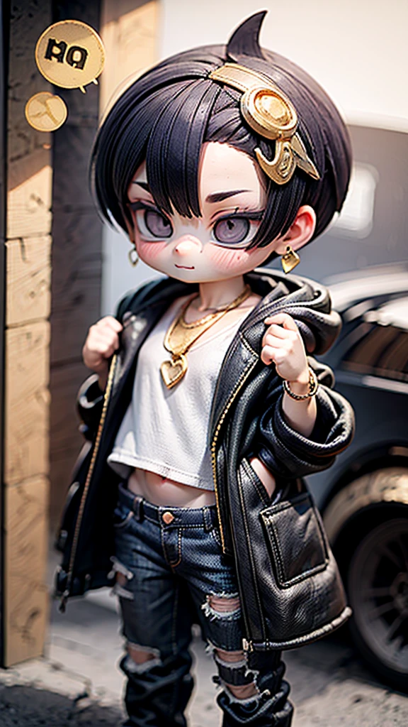 A unique character of a 3-year-old boy with the following features: obese body, short legs, protruding belly, wearing sunglasses, earrings, a tank top, a hooded jacket pushed down to his shoulders, a mohawk hairstyle, baggy jeans, a gold necklace, and a gold bracelet. He looks like a baby gangster.