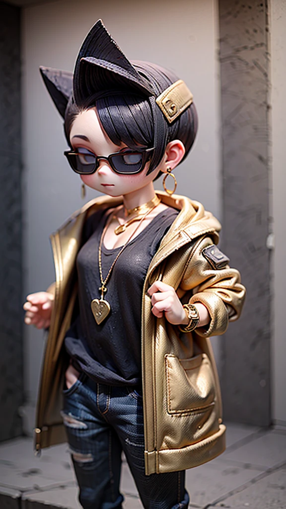 A unique character of a 3--old  with the following features: obese body, short legs, protruding belly, wearing sunglasses, earrings, a tank top, a hooded jacket pushed down to his shoulders, a mohawk hairstyle, baggy jeans, a gold necklace, and a gold bracelet. He looks like a baby gaer.