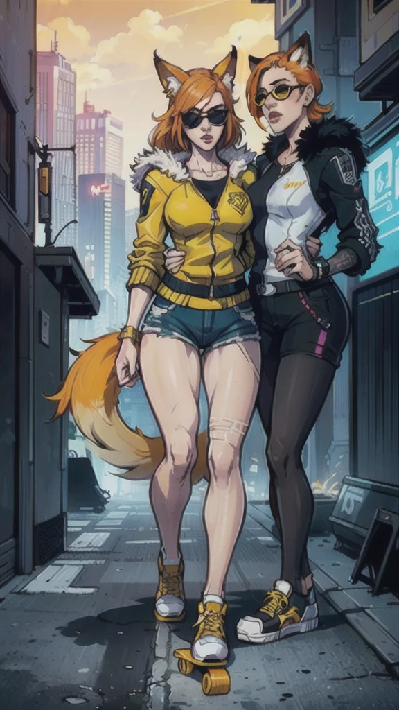 Masterpiece, ultra-detailed, (1girl, solo, Skinny fox girl, yellow sunglasses, green jacket, black shorts, yellow sneakers, orange hair, fox tail), (holding in hands{skateboard, long board:1.35})), (detailed clothes, detailed fur texture, detailed face), (cyberpunk, city background, detailed background), intricate details