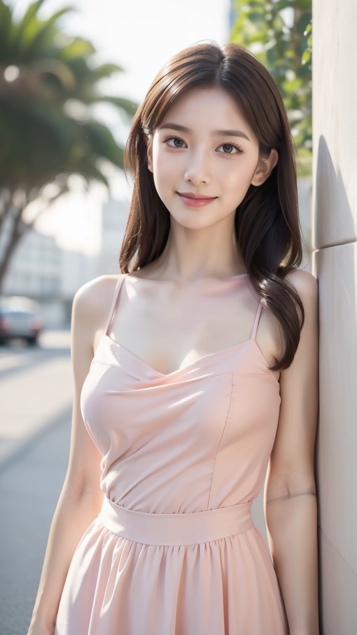 goddess, Perfect figure, Upper Body, Photography mode, get off, since, wearing a tight dress, elegant and fluent dress, The skirt is half open, Bottom View, Ball Head, Detailed expression of skin and fabric textures, Detailed eye texture, Big eyes, Detailed highlights, Long eyelashes, fine eyelashes close-up, double eyelid, 軽いsmile, 8k, Best image quality, masterpiece, Ultra-high resolution: 1.2, draped fabric, beautiful female photo with elegant style theme, Light Pink, Light Pink, Aravi woman in Light Pink dress, Photography mode, Soft fabric, High-quality fabric, dress, fluent dress,smile