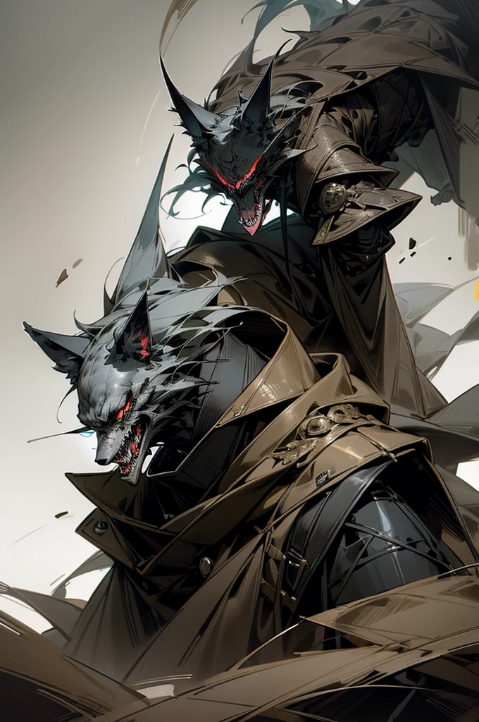 masterpiece,best quality,dynamic scene,super fine illustration,Super detailed,beautiful background,horror style,coat,wolf face,1 Hunter,Knighthood,Devil's Wings,Fearless smile,night,full moon,