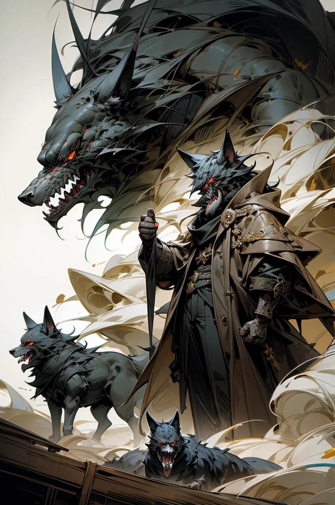 masterpiece,best quality,dynamic scene,super fine illustration,Super detailed,beautiful background,horror style,coat,wolf face,1 Hunter,Knighthood,Devil's Wings,Fearless smile,night,full moon,