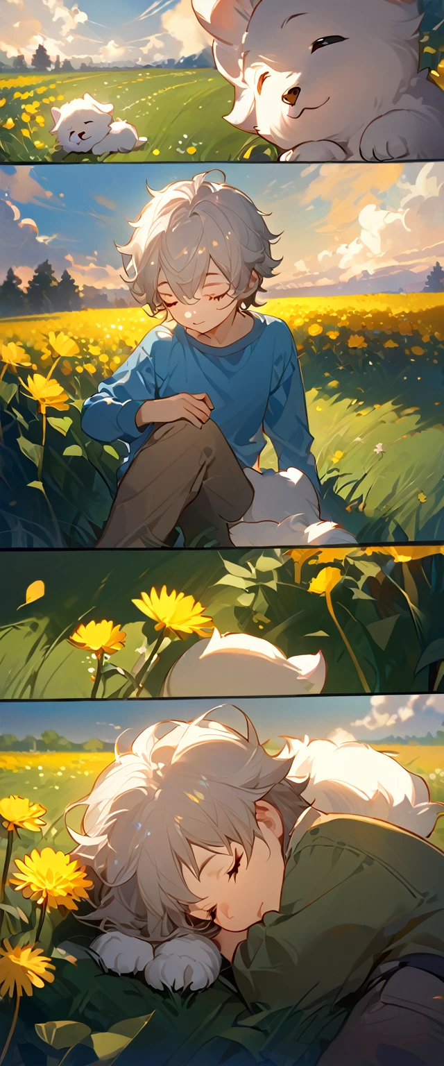 masterpiece, best quality, 8k, 4k, 1boy, kid, sleeping, closed eyes, a small white furry puppy sleeping next to the boy, white cute puppy, small fluffy cute puppy, cute fluffy white furball, cute round siberian white puppy, (wearing blue long sleeve shirt), (short pale brown pants with pocket), dandelions fields, dandelions, wind blowing, sleeping on the fields, finely detailed eyes and detailed face, focus background, inspired by Asukaziye artist : ask, art style : ask