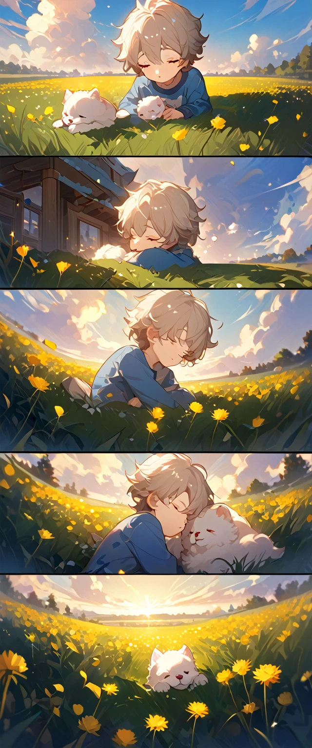 masterpiece, best quality, 8k, 4k, 1boy, ???, sleeping, closed eyes, a small white furry puppy sleeping next to the boy, white cute puppy, small fluffy cute puppy, cute fluffy white furball, cute round siberian white puppy, (wearing blue long sleeve shirt), (short pale brown pants with pocket), dandelions fields, dandelions, wind blowing, sleeping on the fields, finely detailed eyes and detailed face, focus background, inspired by Asukaziye artist : ask, art style : ask