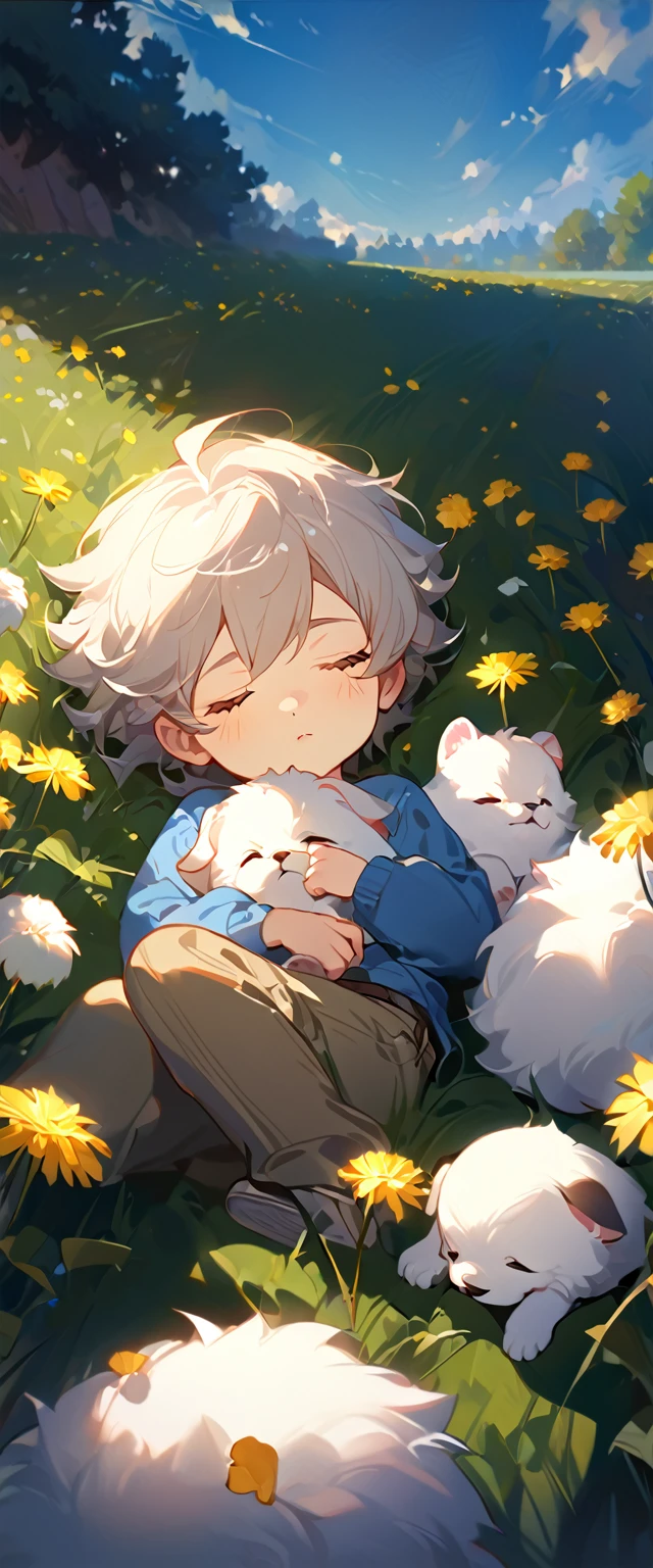 masterpiece, best quality, 8k, 4k, 1boy, ???, sleeping, closed eyes, a small white furry puppy sleeping next to the boy, white cute puppy, small fluffy cute puppy, cute fluffy white furball, cute round siberian white puppy, (wearing blue long sleeve shirt), (short pale brown pants with pocket), dandelions fields, dandelions, wind blowing, sleeping on the fields, finely detailed eyes and detailed face, focus background, inspired by Asukaziye artist : ask, art style : ask