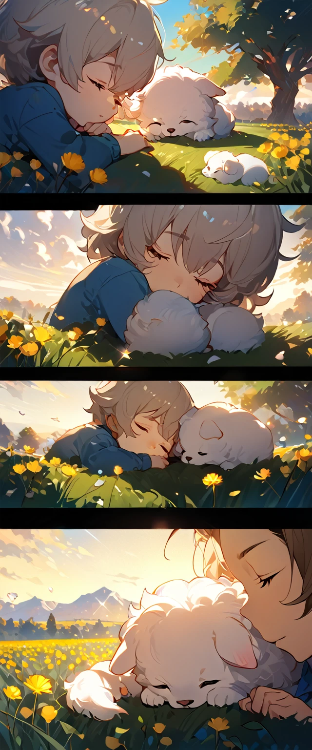 masterpiece, best quality, 8k, 4k, 1boy, ???, sleeping, closed eyes, a small white furry puppy sleeping next to the boy, white cute puppy, small fluffy cute puppy, cute fluffy white furball, cute round siberian white puppy, (wearing blue long sleeve shirt), (short pale brown pants with pocket), dandelions fields, dandelions, wind blowing, sleeping on the fields, finely detailed eyes and detailed face, focus background, inspired by Asukaziye artist : ask, art style : ask