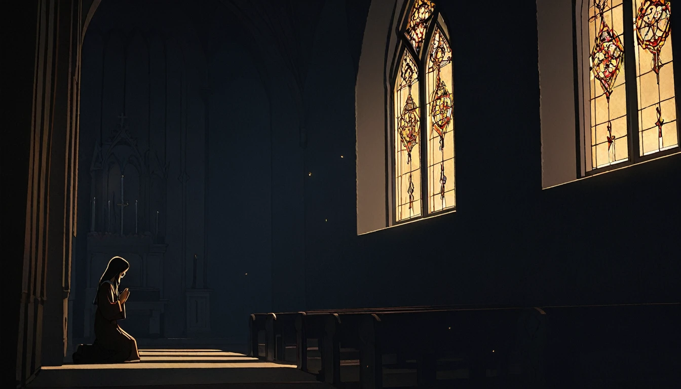 High definition animation. A girl is kneeling in a slightly dark church, looking at Jesus hanging on the lonely wall and praying. One window. Candlelight, half-body shot of girl, side view. Light from the window illuminates the girl's face.