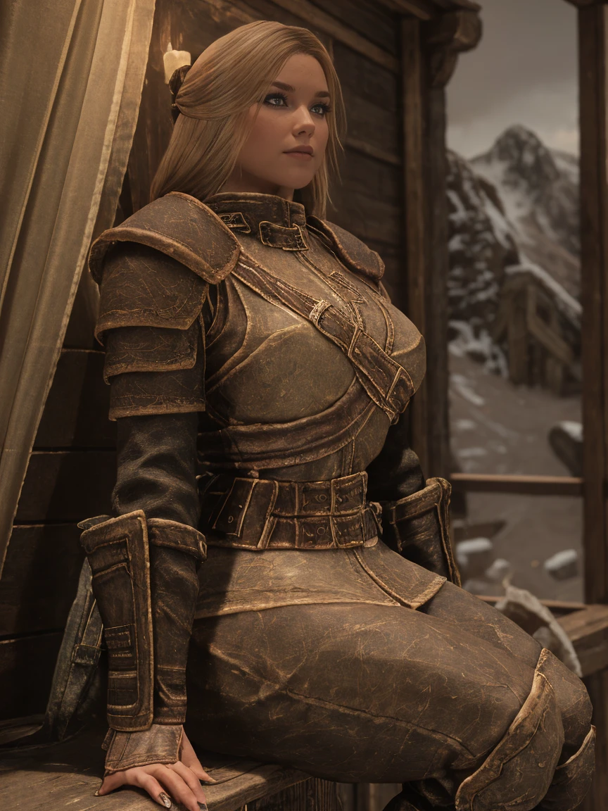 Against the breathtaking backdrop of a snow-capped Skyrim landscape, a stunning blonde female Breton sits elegantly, clad in supple leather armor adorned with intricate details. Her flowing skirt rustles against the cold wind as she poses confidently, her boots sturdy and strong. The soft glow of the winter sun casts a warm ambiance, illuminating her striking features and the delicate curves of her body. (((closeup portrait)))