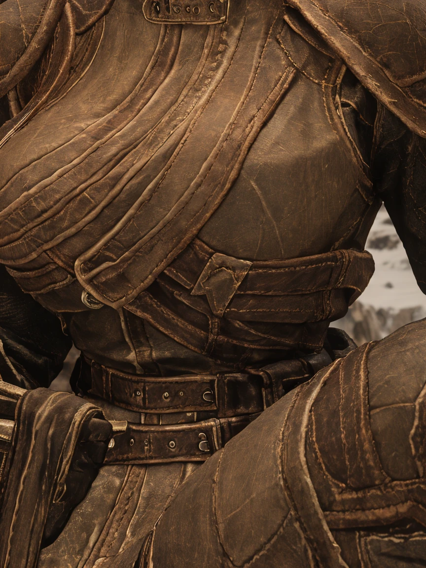 Against the breathtaking backdrop of a snow-capped Skyrim landscape, a stunning blonde female Breton sits elegantly, clad in supple leather armor adorned with intricate details. Her flowing skirt rustles against the cold wind as she poses confidently, her boots sturdy and strong. The soft glow of the winter sun casts a warm ambiance, illuminating her striking features and the delicate curves of her body. (((closeup portrait)))