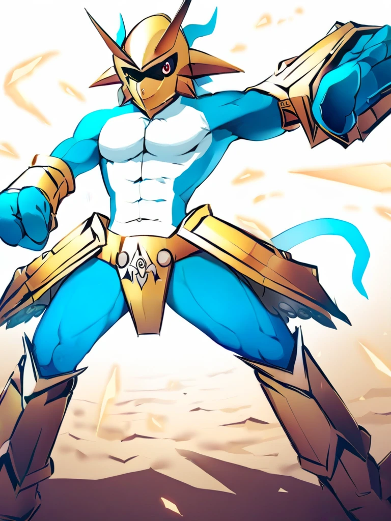 solo,Magnamon,tall, blue and white skin,(battle damaged:1.5),(topless Magnamon:2),(armor fragments:1.5),(shirtless:1.5), fighting_stance, in desert ,full_shot