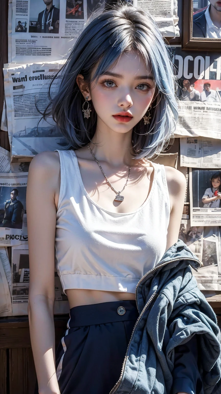 1 Girl,Solitary,permanent,(White|blue|slope_hair),Jewelry,earrings, necklace,{JK}, Newspaper wall,Medium breasts,Clothes Writing,, Extremely detailed, 8k wallpaper, Very detailed, best quality,Sportswear,Julia