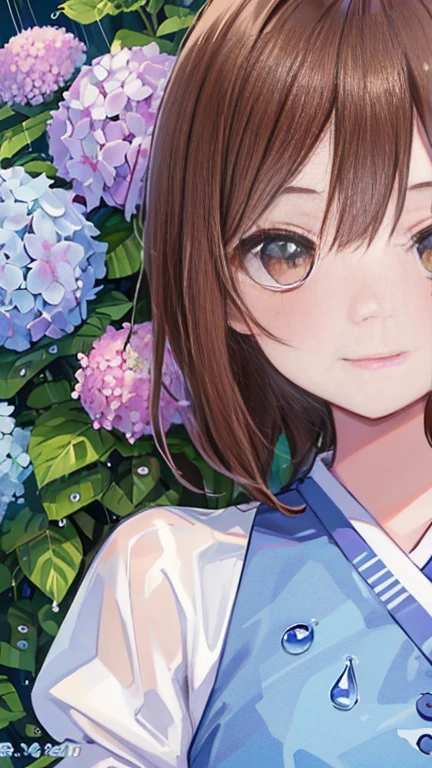 Highest quality, masterpiece, Ultra-high resolution, 8k, Show anime style , 1 girl, Soft line drawing, Digital Enhancement, shojo anime touch, shojo manga core, Flowing fabric, close, Soft Drawing, Ultra High Definition Digital Anime Art, Clear facial depiction, Highly detailed girl manga character art, Ultra-detailed manga style, Highest qualityの色, (Short brown hair)), Staring at us from the front, Beautiful brown hair, Clear brown eyes, A little chubby,Small breasts,Small butt,(((Teasing Smile)) 、Purple outfit、Rainfall,Hydrangea garden,Water droplets fall、Wet your hair ,View hydrangea flowers, Close up of face and hydrangea flower
