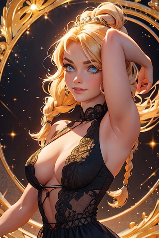 Superb masterpiece, upper body, (adult: 1.6) Hungarian woman, (giggle: 0.4), arms behind the head, golden braids, sparkling eyes, Victorian sun dress, floating light particles, centered, added facial detail, busty