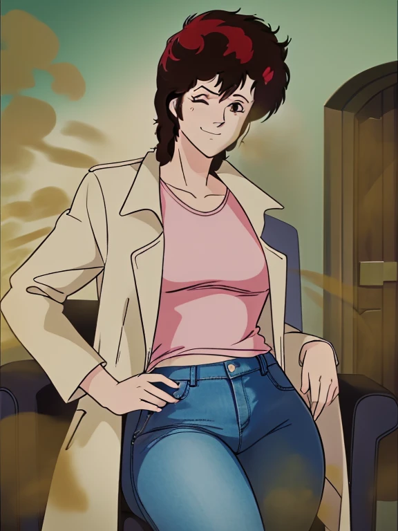 HD, high quality, high resolution, ultrahd,Kaori Makimura, 1female, solo, wearing default outfit, light pink shirt, white coat, wearing coat over tshirt, jeans, default hair, brown hair, very tall body, thin body, massive fart, yellow smoke, velocity, one eye closed, 1 eye opened, 1eye closed, smirk, sitting on chair, leaning on chair, annoyed face, smiling, clenching teeth, raising hips, lifting hips, alone in a room, beautiful lighting, highlights