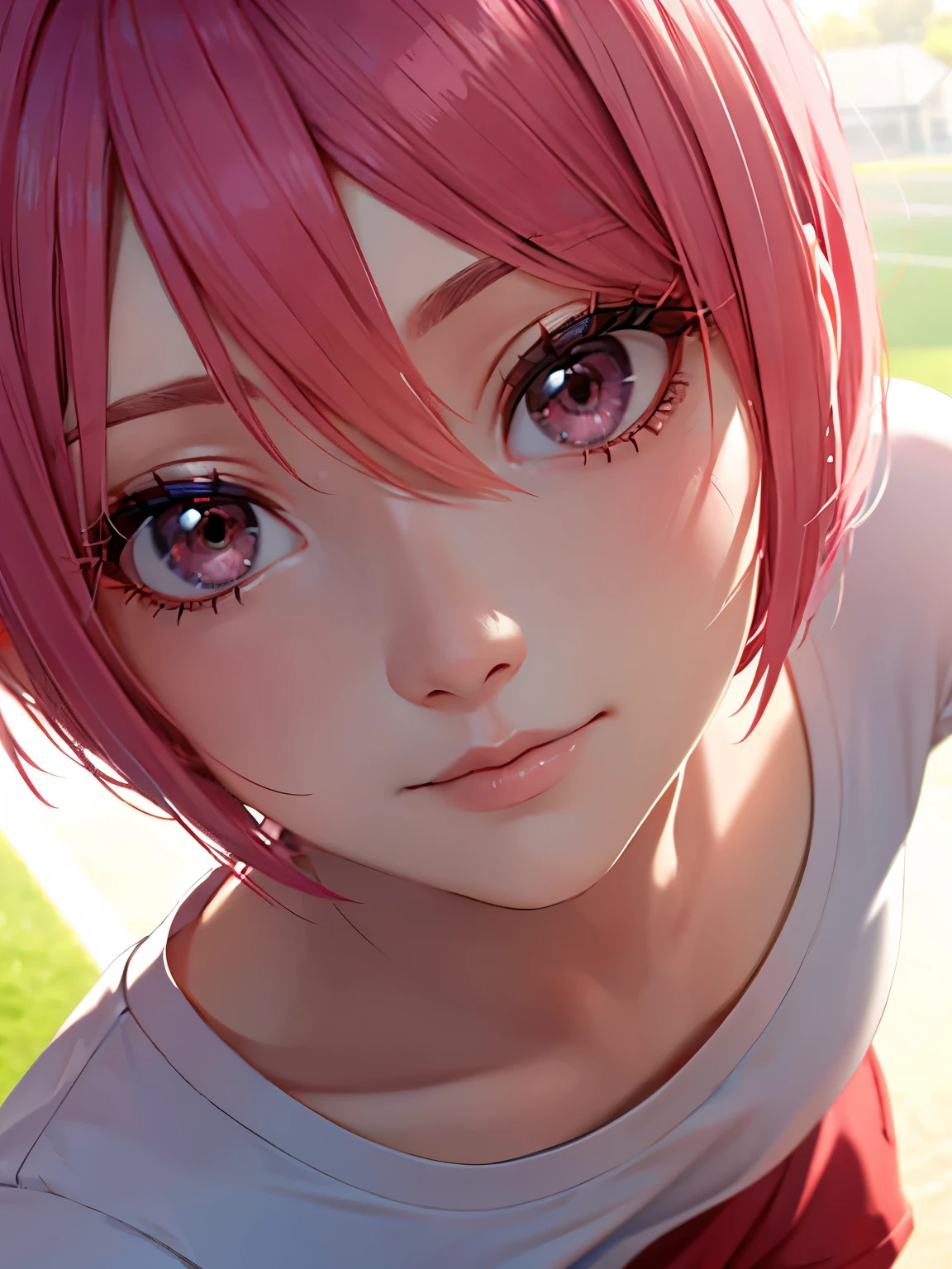 1 woman,Pink hair,short hair,White sports t-shirt,slight smile, red sports shorts,gray eyes,standing, at the training ground, early morning, bright sun, ultra detail,close up photo,Looking at the viewer