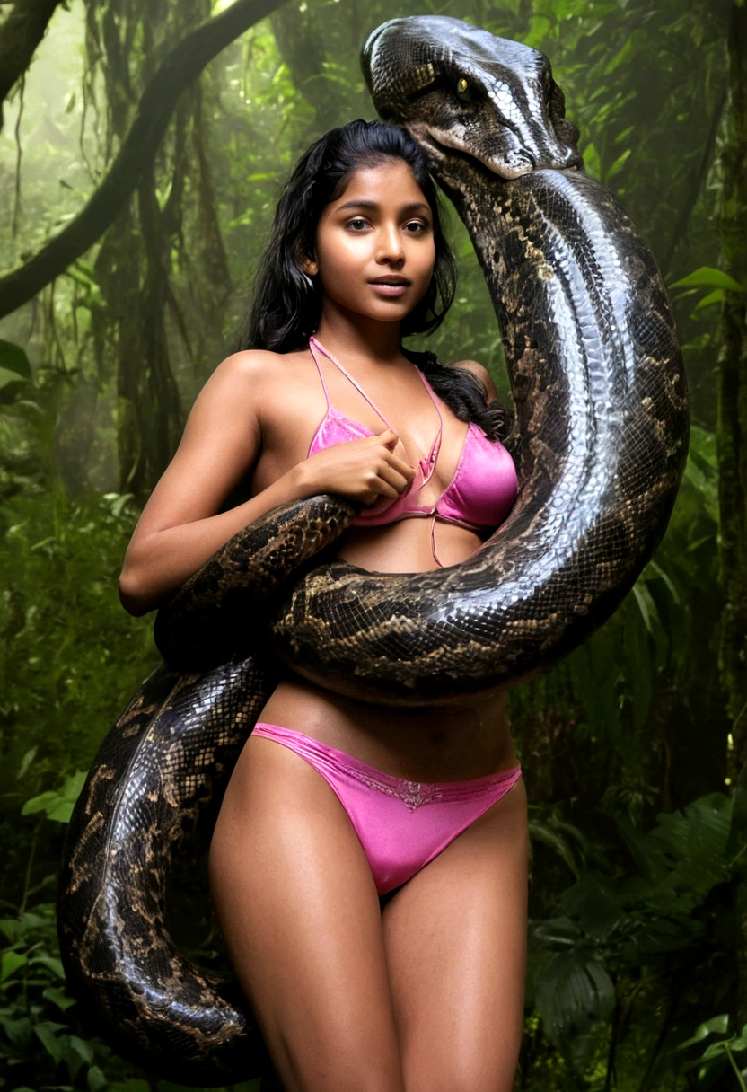 Topless pink thong wearing aroused horny beautiful happy young Indian girl vs Giant colossal black anaconda monster wrapped around her body squeezing her in coiled embrace cuddling and kissing sexual erotic bestiality sex realistic in the rainforest full body, best quality wet